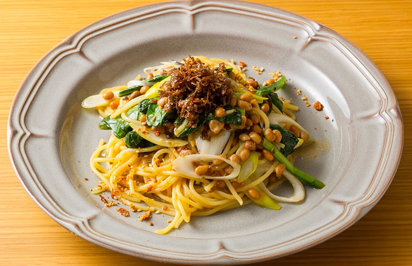 ちりめん山椒と茨城小松菜 水戸納豆の和風パスタ
