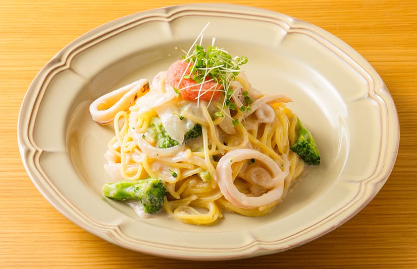 烏賊とブロッコリーのたらこクリームパスタ